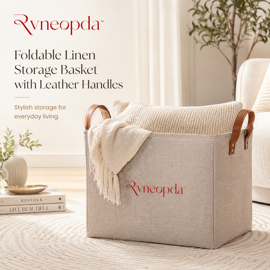 Rvneopda™ Foldable Linen Storage Basket with Leather Handles