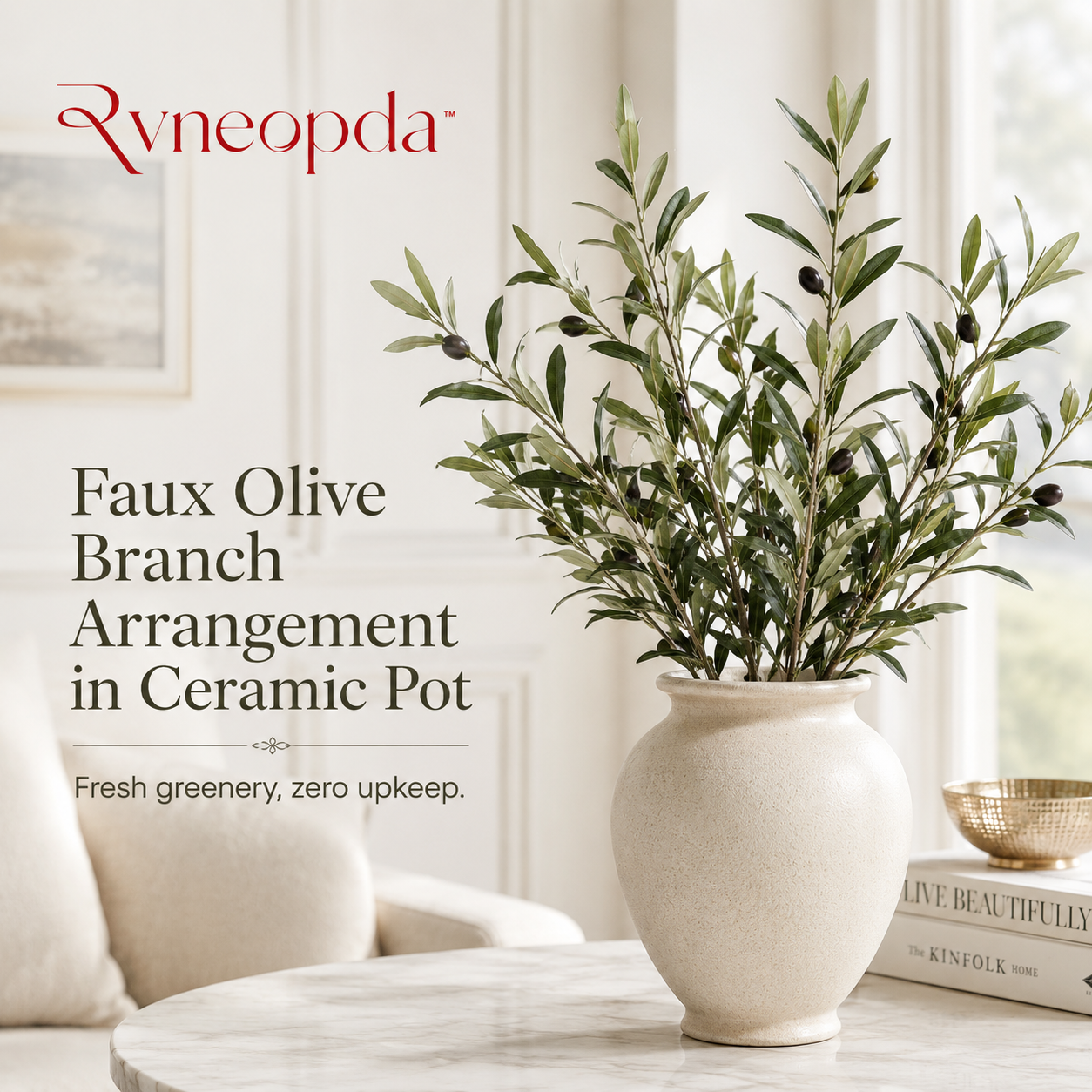 Rvneopda™ Faux Olive Branch Arrangement in Ceramic Pot